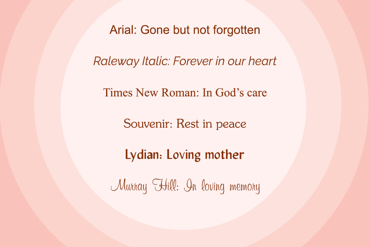 Different font styles and phrases to have engraved on an urn