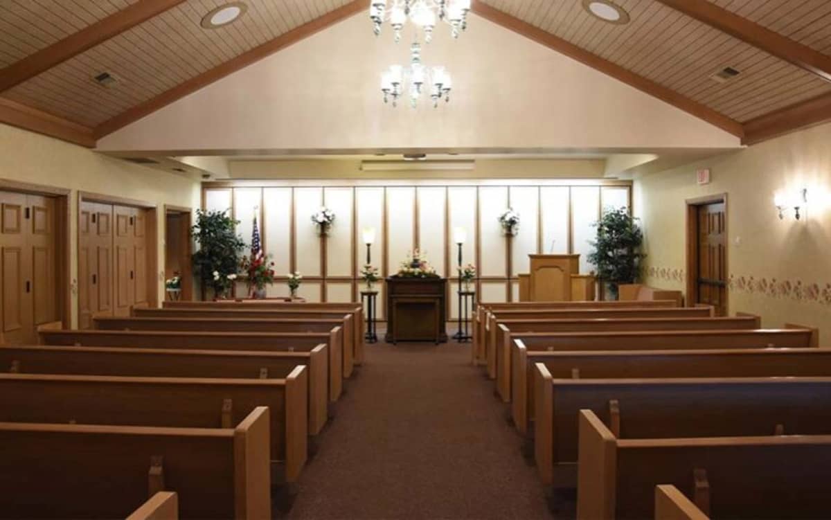 The empty pews at a funeral chapel