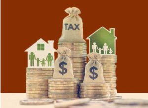 Coins and bags with money signs, house drawings, and a bag with TAX written on it