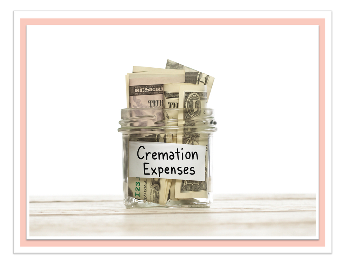 A jar with money in it labeled "Cremation expenses"