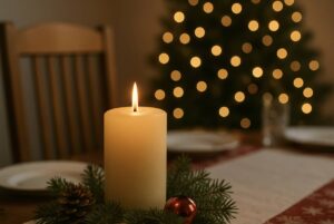 A candle on a table with a Christmas tree in the background