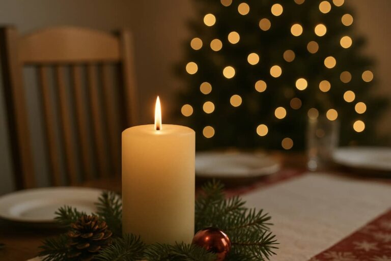 A candle on a table with a Christmas tree in the background