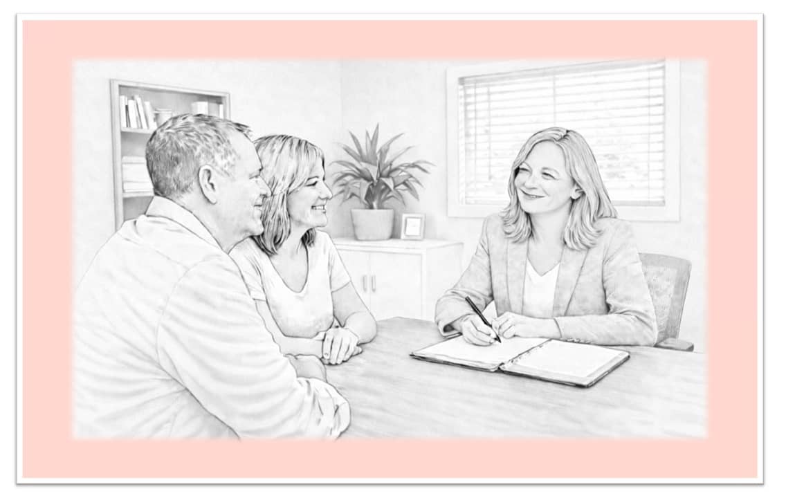 A drawing of a woman sitting down with an older couple to plan
