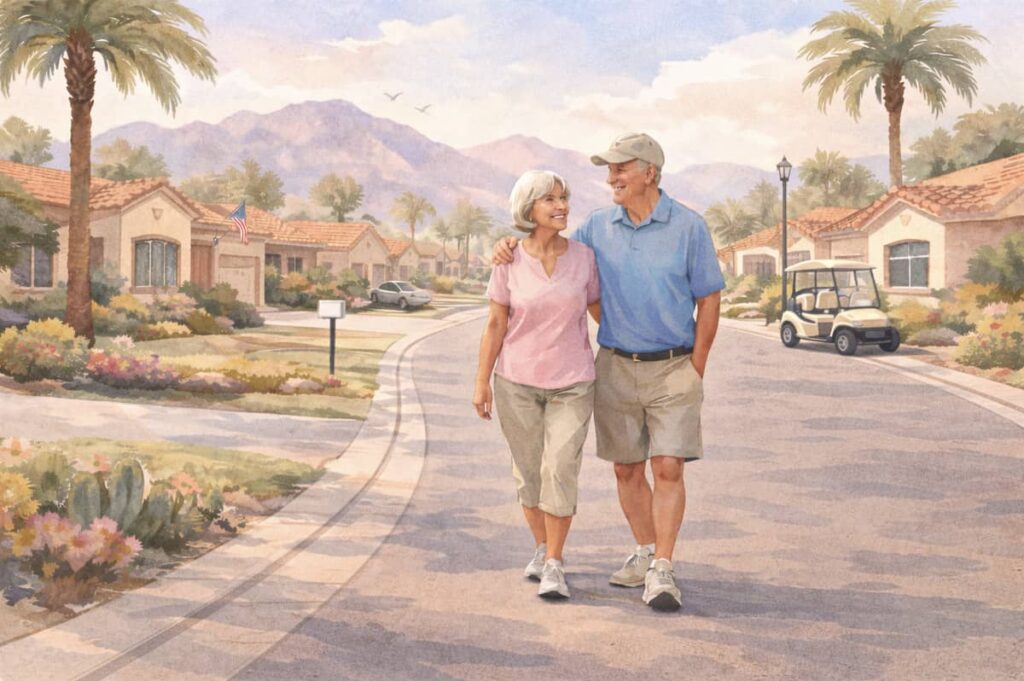 An animated image of a senior couple walking in neighborhood