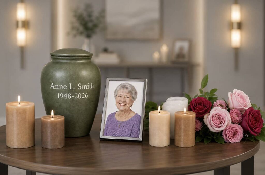 A table with candles, an urn, and a picture of a senior woman
