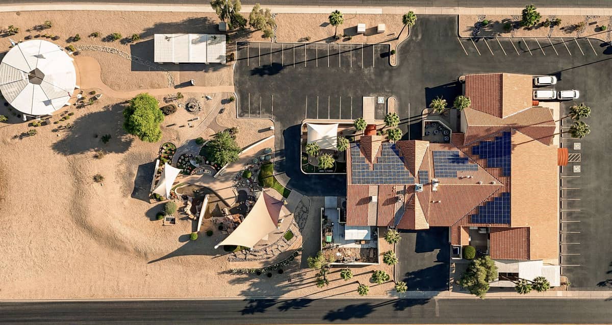 An aerial picture of a big building
