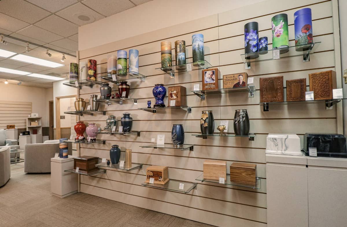 A wall of different urn options
